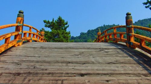 View of boardwalk against clear blue sky