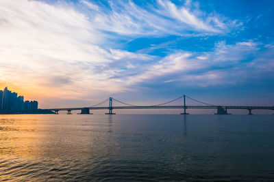 View of suspension bridge over sea against cloudy sky