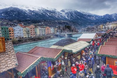 High angle view of crowd at town during winter