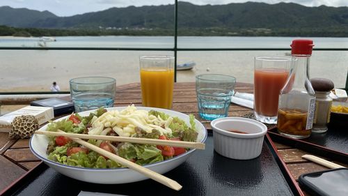 Close-up of food served on table