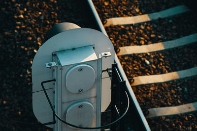 High angle view of signal by railroad tracks