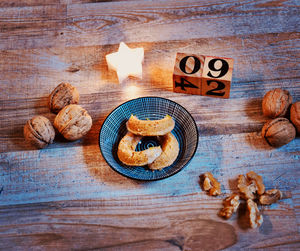 High angle view of cookies on table