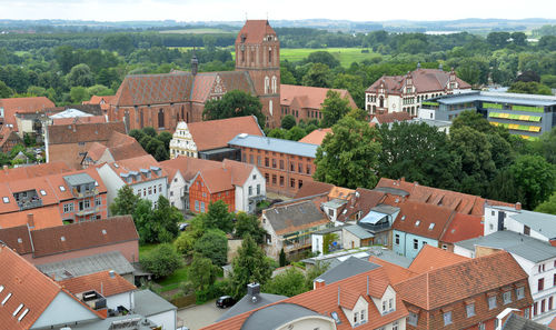 High angle view of buildings in town