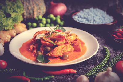 High angle view of food in plate on table