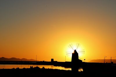 Silhouette of wind turbines at sunset