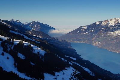 Scenic view of snowcapped mountain against blue sky