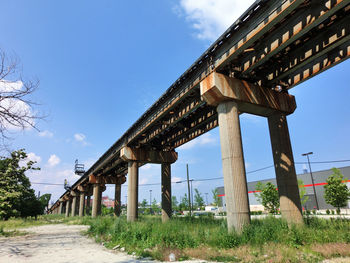 Low angle view of bridge against blue sky