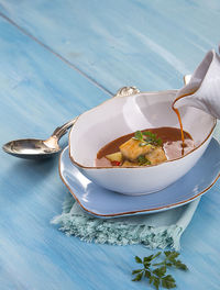 High angle view of food in plate on table