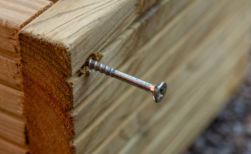 Close-up of rusty metal on wood against wall