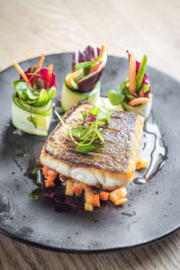 High angle view of food in plate on table