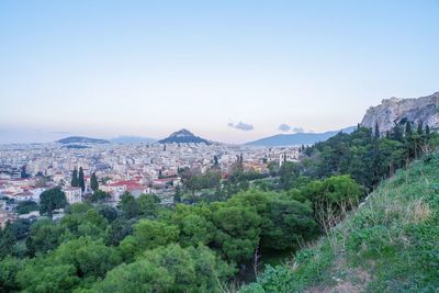 Panoramic view of townscape against clear sky