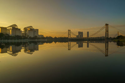 View of suspension bridge at sunset