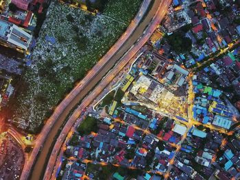 High angle view of illuminated city at night