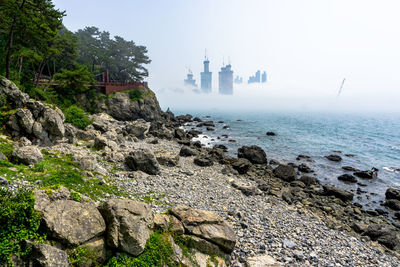 Rocks on beach by sea against sky in city