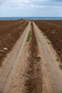 Dirt road amidst field against sky