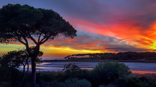 Scenic view of landscape against romantic sky at sunset