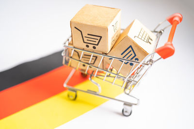 Close-up of shopping cart against white background