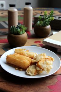 Close-up of food served on table