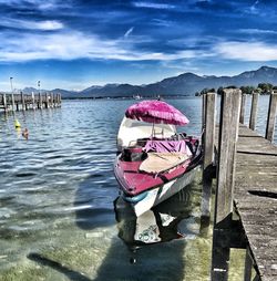 People on wooden post in sea against sky