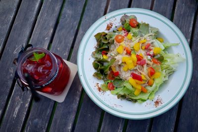 High angle view of fruits in bowl on table