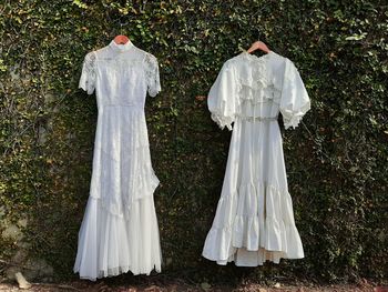 Wedding dresses hanging on ivy covered wall