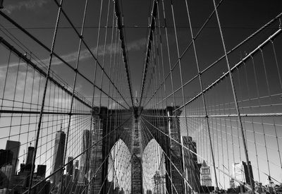 Low angle view of suspension bridge against sky