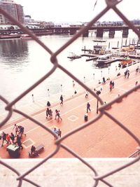 High angle view of people playing in town square