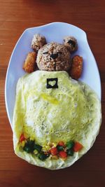 High angle view of breakfast in plate on table