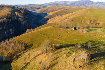 Autumn aerial shot of a ranch, homestead in apuseni mountains. romania