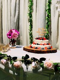 View of red chili peppers on table