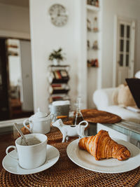 Close-up of breakfast served on table at home