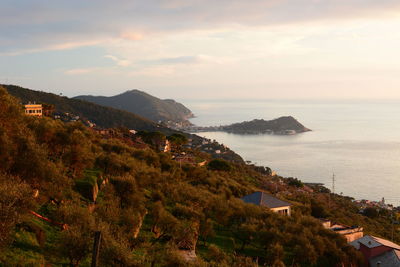 High angle view of townscape by sea against sky