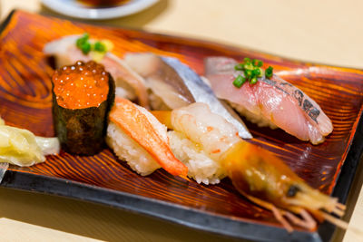 Close-up of sushi served in plate