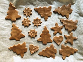 High angle view of cookies in baking sheet