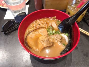 High angle view of soup in bowl on table