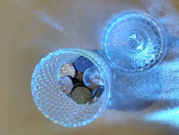 High angle view of water in glass on table