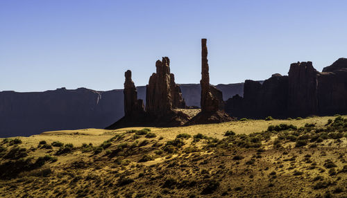 Scenic view of rocks against clear sky