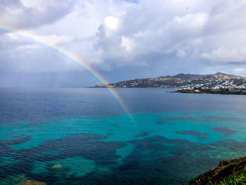 Scenic view of rainbow over sea against sky