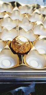 High angle view of shells in plate on table