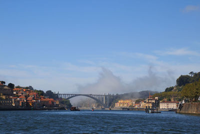 Bridge over river with buildings in background