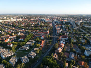 High angle shot of townscape against sky