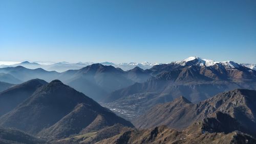 Scenic view of snowcapped mountains against clear blue sky