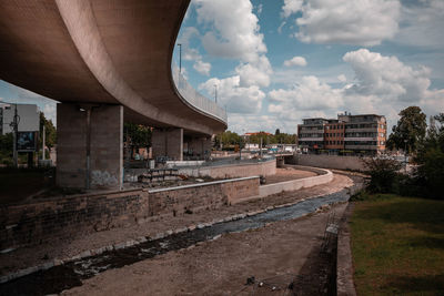 Road by buildings against sky in city