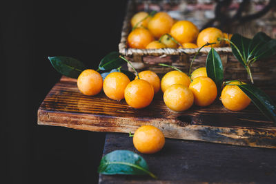 High angle view of plums on wooden table against black background