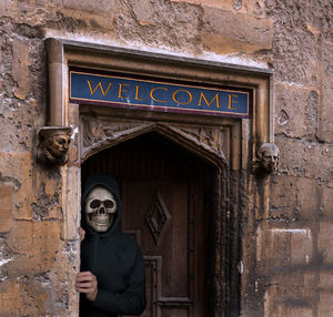 Portrait of man on old door