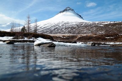 Scenic view of snow covered mountains