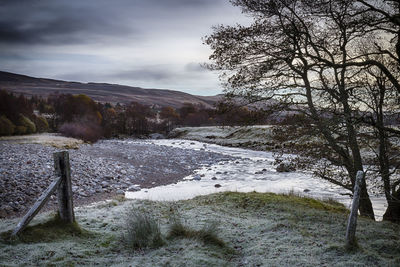 Scenic view of landscape against sky during winter