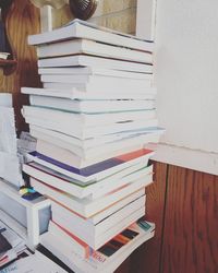 High angle view of books on table