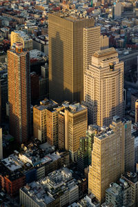 High angle view of downtown district at sunset