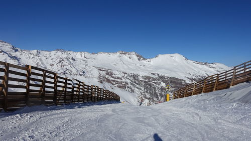 Snowcapped mountains against clear blue sky